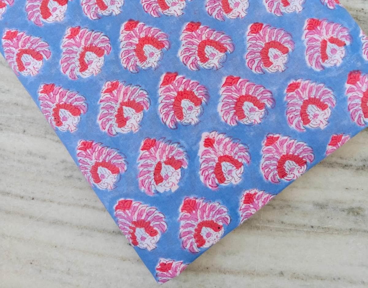 Blue Red Designer Hand Block Print Fabric, Floral 100% Cotton Quilting Fabric By The Yard, Fabric For Dress Making, Loose Running Fabric