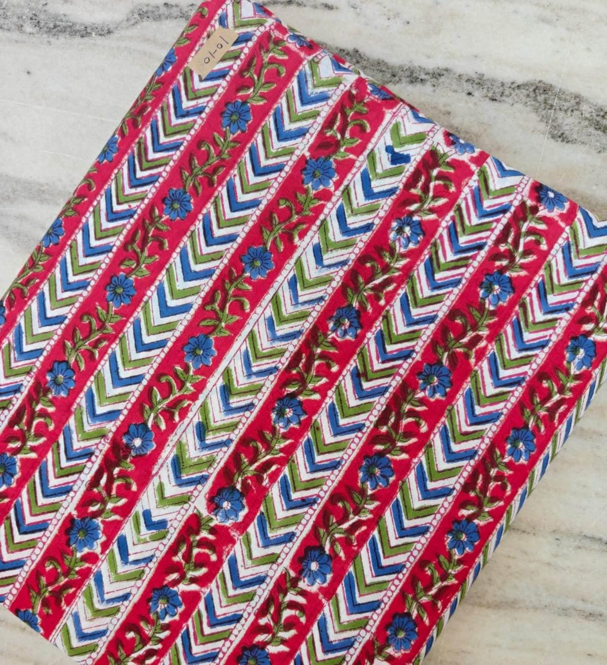 Red Chevron Floral Cotton Fabric, Indian Block Print Fabric, Blue Flower Stripe Cotton Fabric, Dressmaking Fabric, Fabric by the Yard