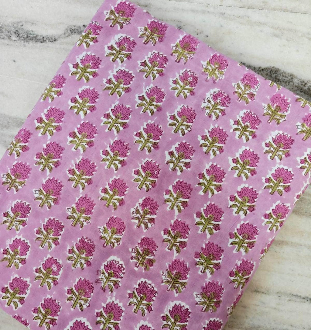 Pink Green Floral Cotton Fabric, Hand Block Print by the Yard, Indian Soft Cotton for Quilting, Dressmaking, Napkins Fabric, Buti Fabric