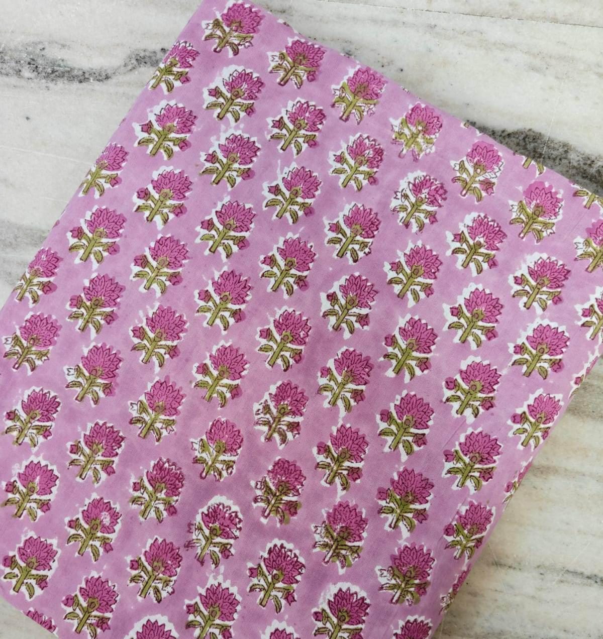Pink Green Floral Cotton Fabric, Hand Block Print by the Yard, Indian Soft Cotton for Quilting, Dressmaking, Napkins Fabric, Buti Fabric