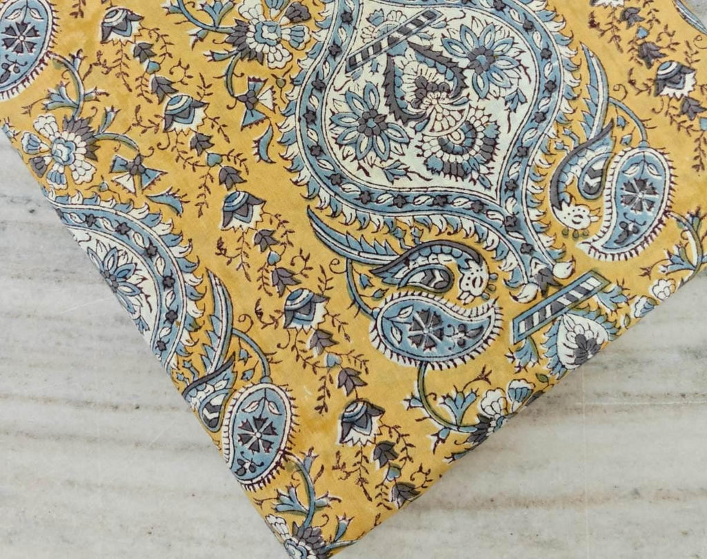 Mustard Yellow Paisley Cotton Fabric, Hand Block Printed Indian Fabric by the Yard, Soft Floral Cotton for Quilting & Dressmaking, Textile