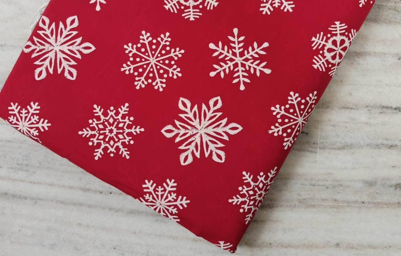 Red Cotton Fabric with White Snowflake Christmas Tree Fabric By The Yard, Hand Block Print Christmas Quilting, Sewing Holiday Home Decor