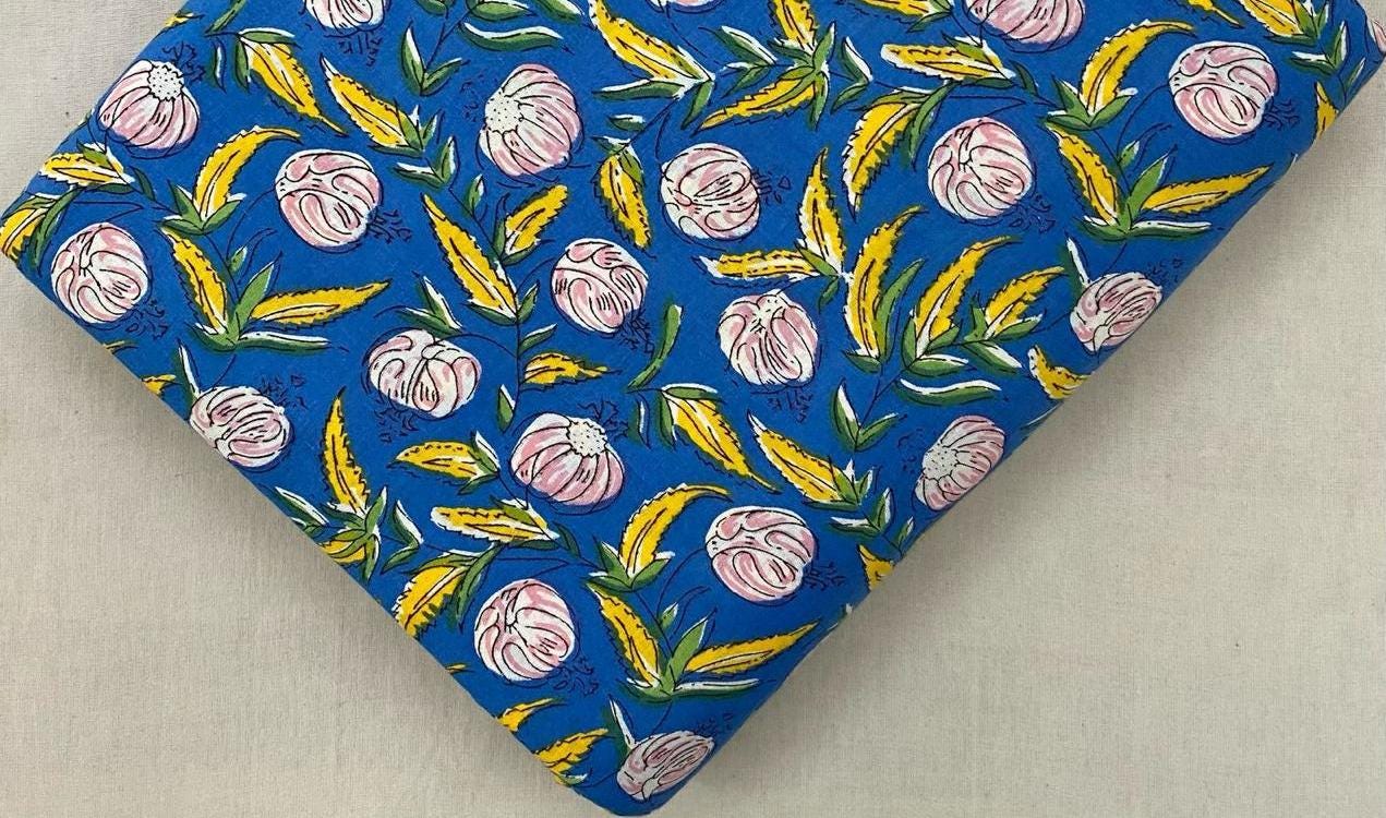 Blue Floral Cotton Fabric, Hand Block Print Fabric, Yellow Leaf Pink Flower Fabric, Indian Cotton Fabric by Yard Dressmaking Quilting Fabric