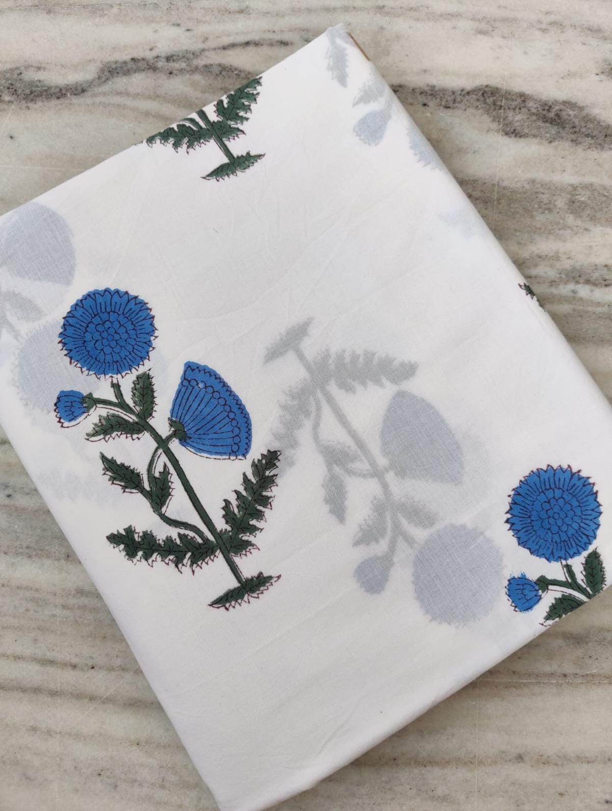 White Cotton Fabric with Blue Floral Print | Handmade Indian Block Print Fabric by the Yard | Soft Cotton for Quilting, Sewing, Dressmaking