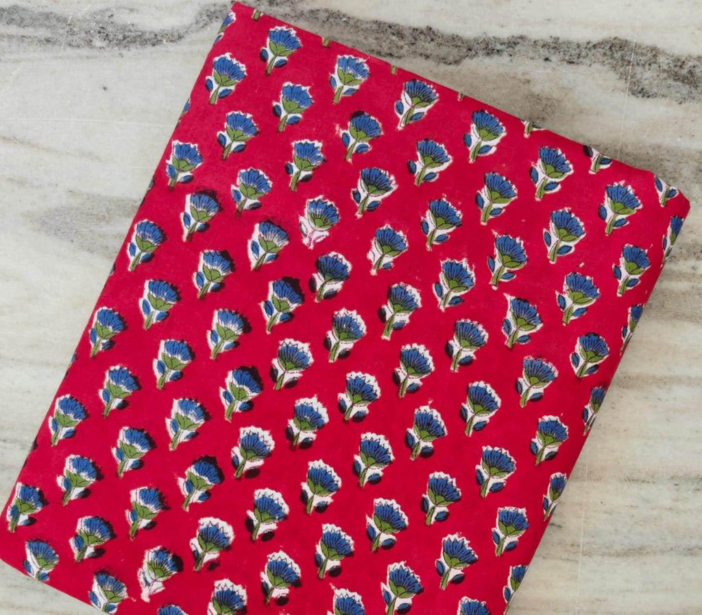 Red Floral Cotton Fabric, Indian Block Print Cotton Fabric, Blue Buti Flower Fabric, Hand Block Print Fabric by the Yard Dress Making Fabric