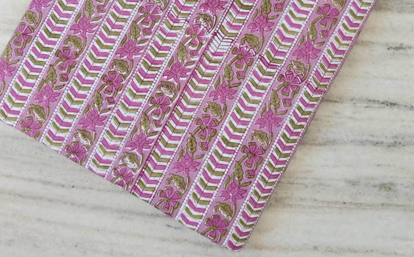 Pink Designer Hand Block Print Fabric, Floral 100% Cotton Quilting Fabric By The Yard, Fabric For Dress Making, Loose Running Fabric