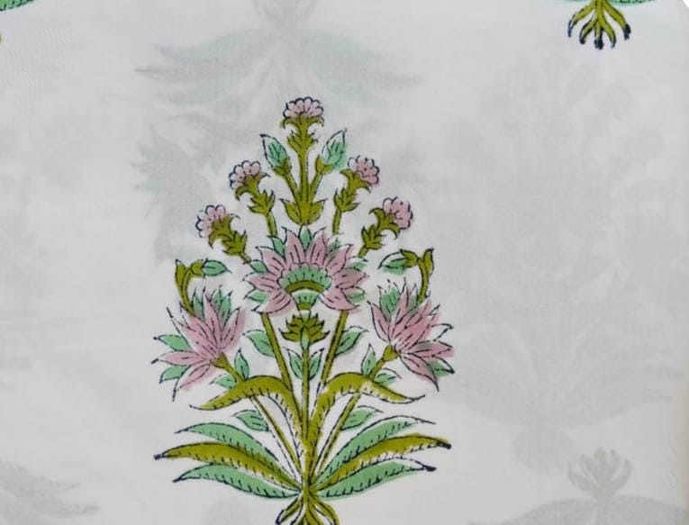 Green Pink Floral Cotton Fabric, Indian Hand Block Print Fabric White Cotton Fabric by the Yard, Soft Floral Cotton Fabric, Napkins, Curtain
