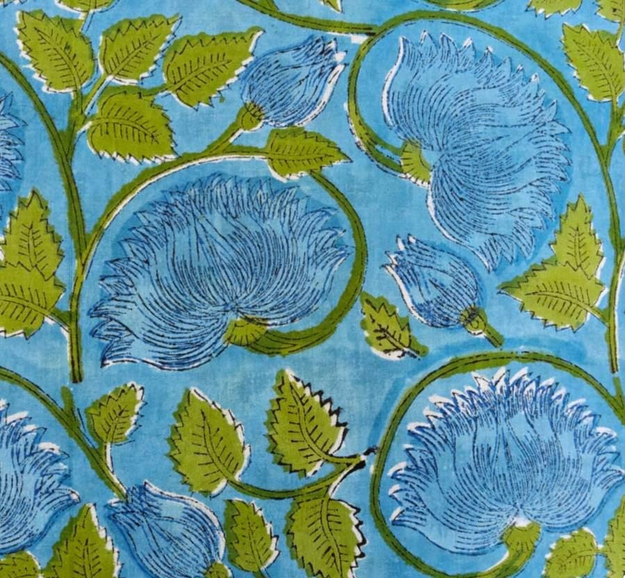 Blue Floral Cotton Fabric by the Yard, Hand Block Print Fabric, Indian Cotton Textile, Botanical Vine Print Quilting Dressmaking Fabric