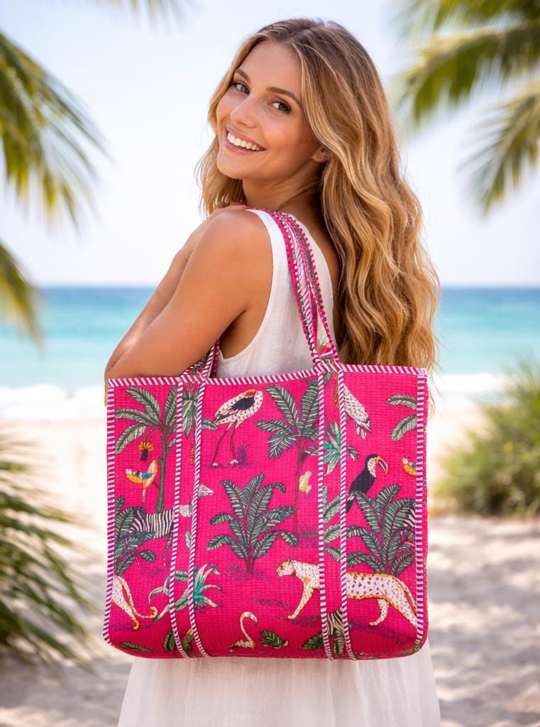 Pink Jungle Print Quilted Tote Bag, Handmade Cotton Block Print Shoulder Bag, Large Fabric Shopper, Reusable Market Bag, Safari Animal Tote