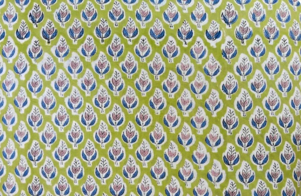 Lime Green Floral Block Print Cotton Fabric, Small Blue & Pink Buti, Indian Hand Block Print Fabric, 100% Cotton Quilting Fabric By The Yard