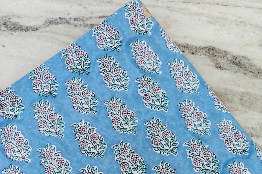 Blue Hand Block Print Cotton Fabric, White Floral Indian Fabric by the Yard, Fabric For Dressmaking, Loose Running Fabric, Personlized Gift