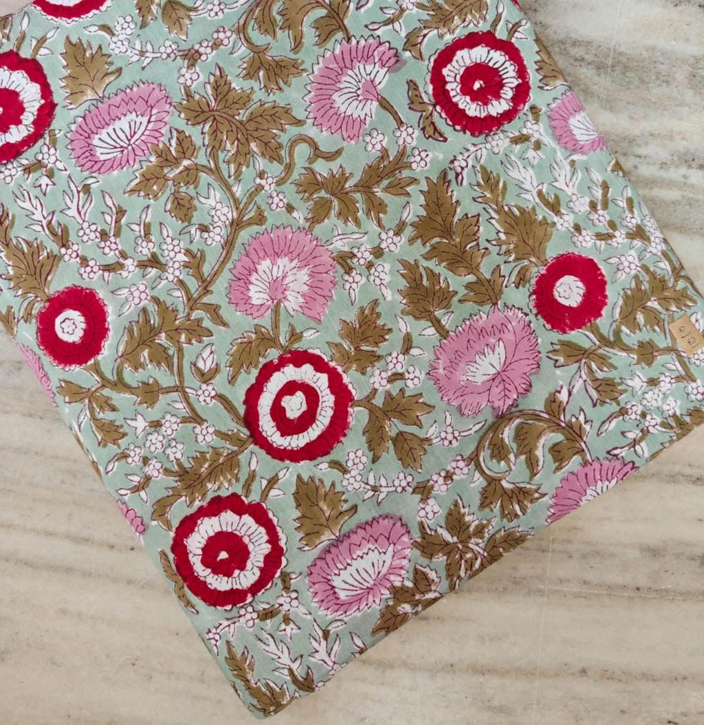 Sage Green Floral Cotton Fabric, Hand Block Print Red Pink Flower Vine, Indian Cotton Fabric by the Yard, Loose Running Fabric, Napkins