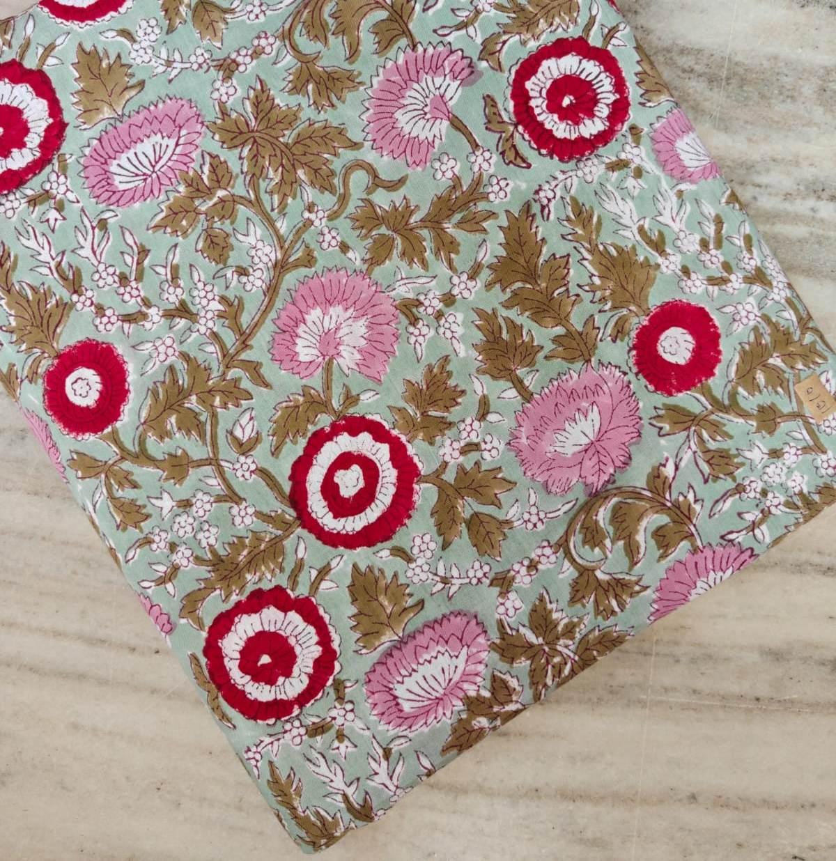 Sage Green Floral Cotton Fabric, Hand Block Print Red Pink Flower Vine, Indian Cotton Fabric by the Yard, Loose Running Fabric, Napkins