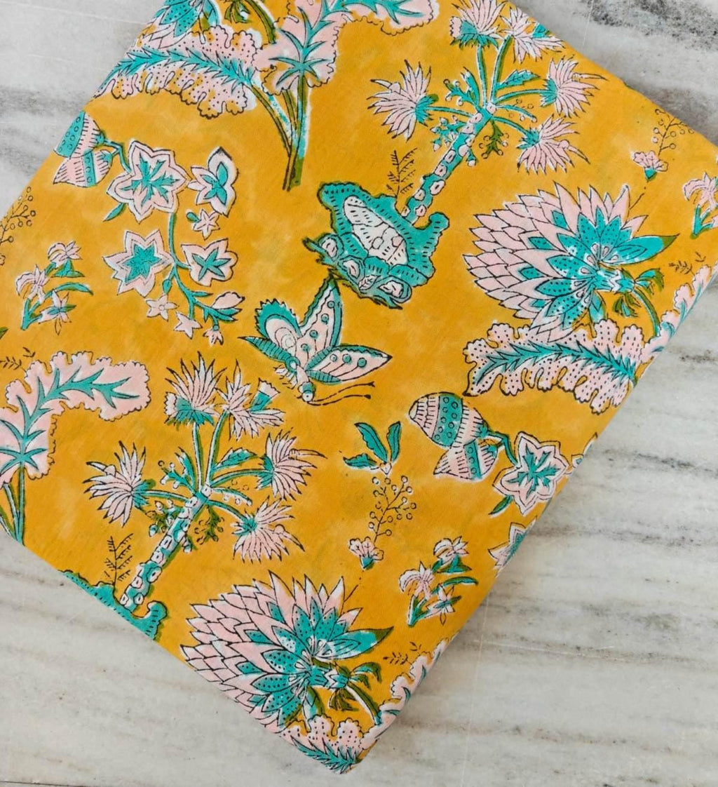Yellow Floral Cotton Fabric by Yard, Teal Pink Hand Block Print Fabric, Indian Cotton Material for Dress, Quilting, Craft & Home Decor