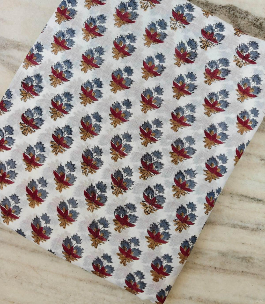 Hand Block Print Cotton Fabric, Red & Blue Floral Buti on White, Lightweight Indian Cotton for Dressmaking, Quilting Sewing Projects