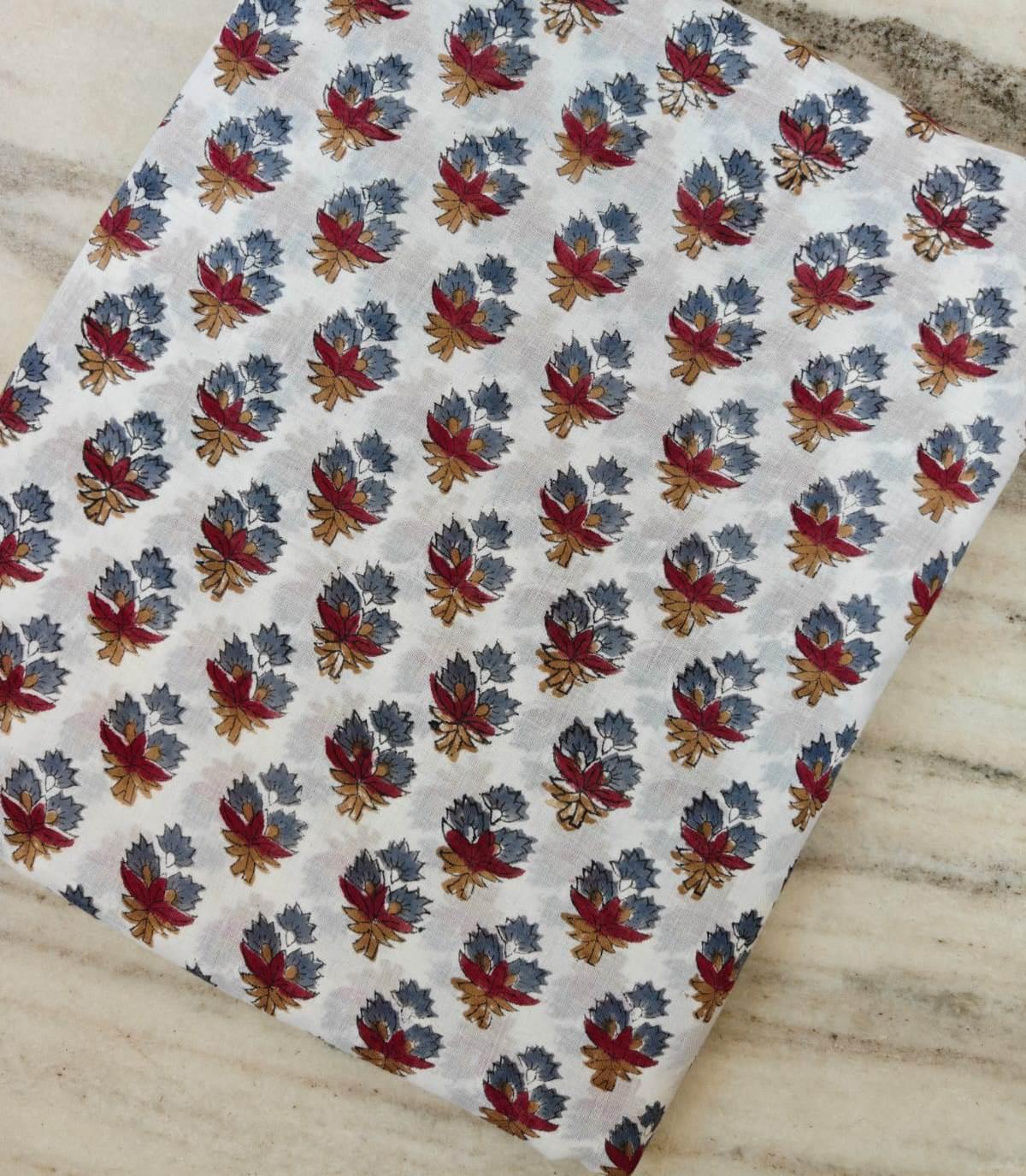 Hand Block Print Cotton Fabric, Red & Blue Floral Buti on White, Lightweight Indian Cotton for Dressmaking, Quilting Sewing Projects