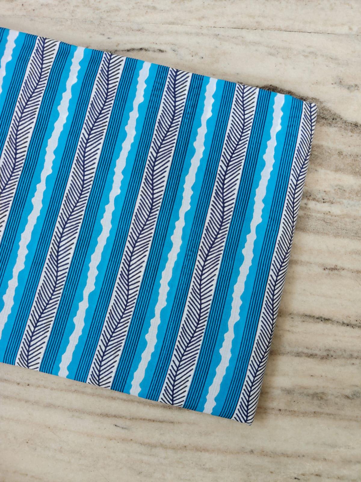 Blue Leaf Stripe Cotton Fabric, Tropical Stripe Fabric, Aqua Blue Printed Cotton, Dress Making Fabric,  Fabric by The Yard, Curtain Textile