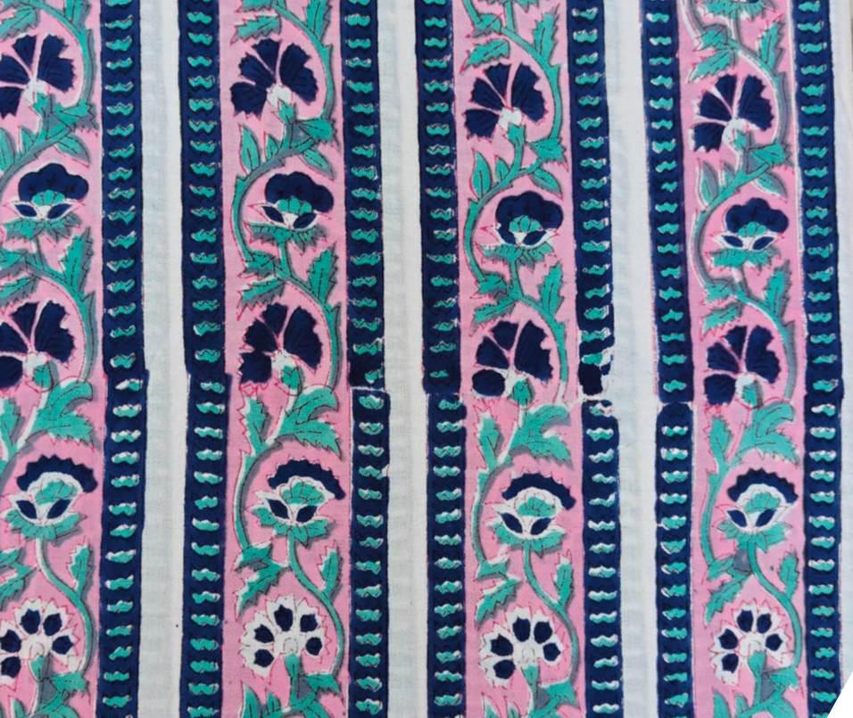 Pink Striped Floral Cotton Fabric, Indian Block Print Fabric by Yard, Boho Stripe Flower Fabric, Quilting Sewing Craft Dressmaking Fabric