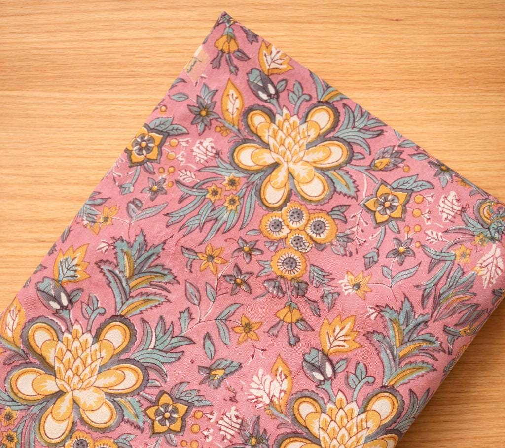 Pink Floral 100% Cotton Fabric, Indian Hand Block Print Fabric, Quilting Fabric By The Yard, Fabric For Dress Making, Loose Running Fabric