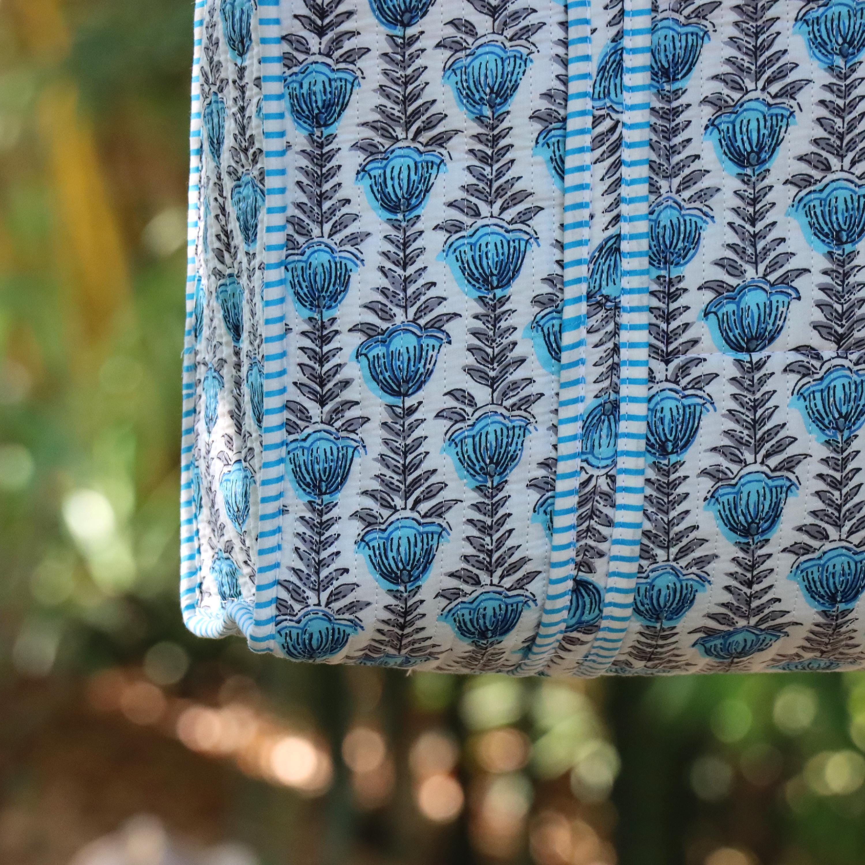 Blue Floral Hand Block Print Cotton Tote Bag, Reusable Boho Shoulder Bag