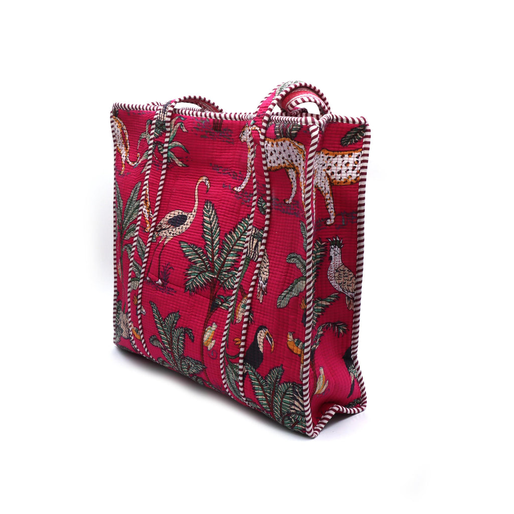 Handmade Quilted Cotton Tote Bag, Pink Jungle Print Shoulder Bag, Large Everyday Tote, Animal Print Market Bag Travel Shopper Gift for Women