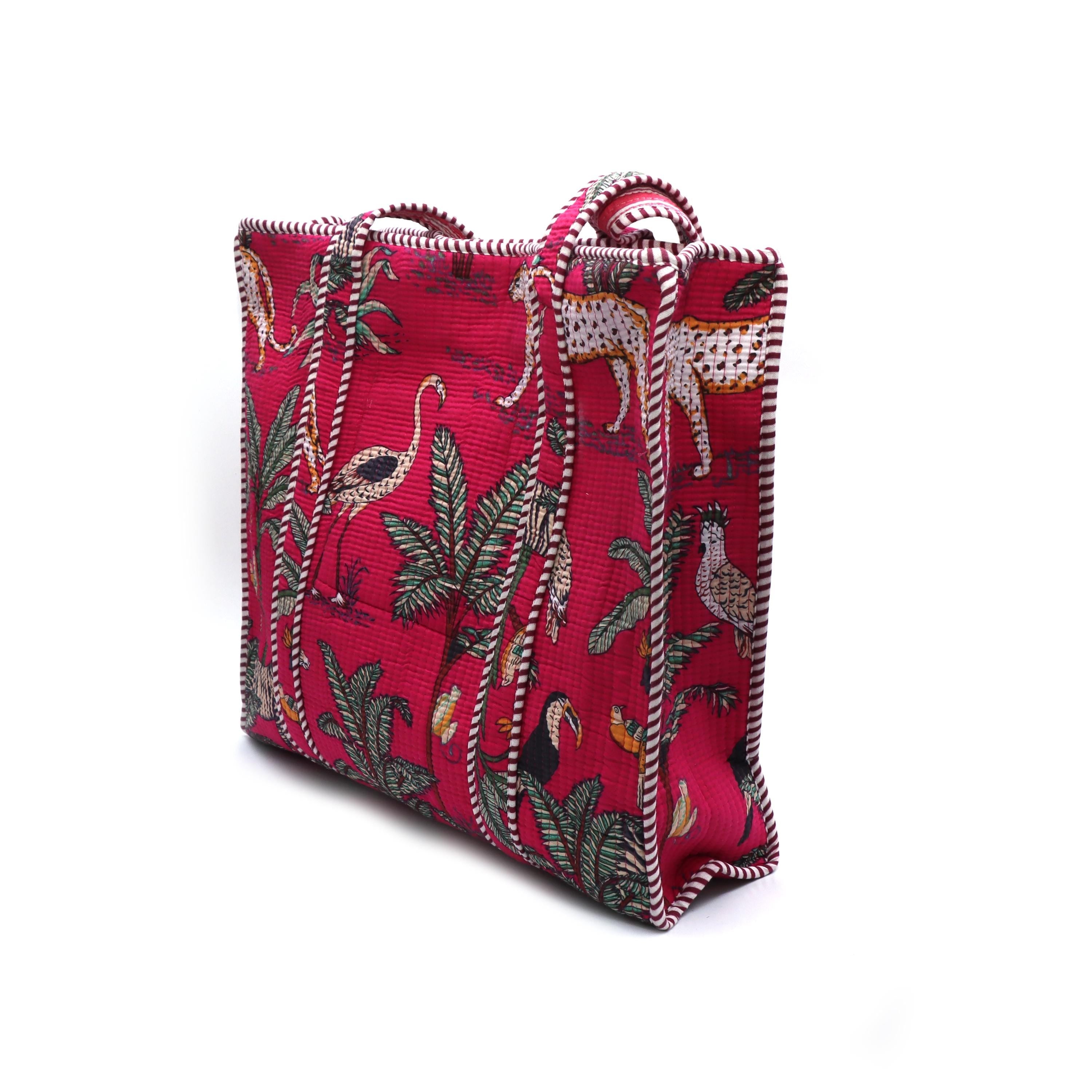 Handmade Quilted Cotton Tote Bag, Pink Jungle Print Shoulder Bag, Large Everyday Tote, Animal Print Market Bag Travel Shopper Gift for Women
