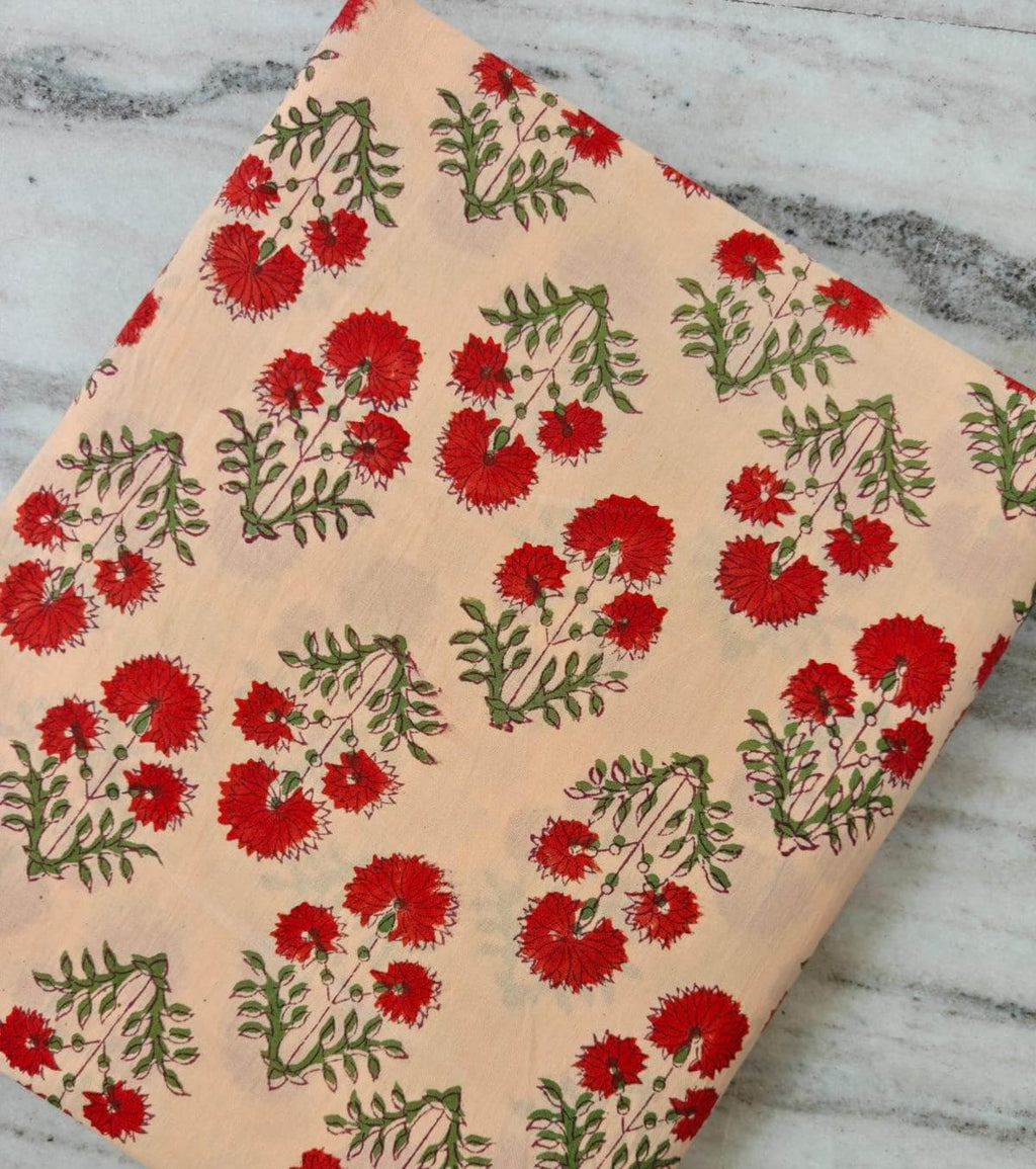 Red Floral Cotton Fabric by the Yard, Red Flower and Olive Green Print Fabric, Traditional Floral Pattern for Dresses, Curtains, Quilts