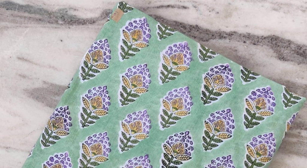 Green Cotton Fabric with Purple & Yellow Floral Print, Hand Block Print Fabric by the Yard, Soft Indian Cotton for Quilting, Dressmaking
