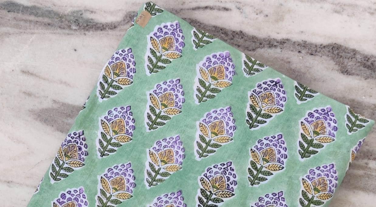 Green Cotton Fabric with Purple & Yellow Floral Print, Hand Block Print Fabric by the Yard, Soft Indian Cotton for Quilting, Dressmaking