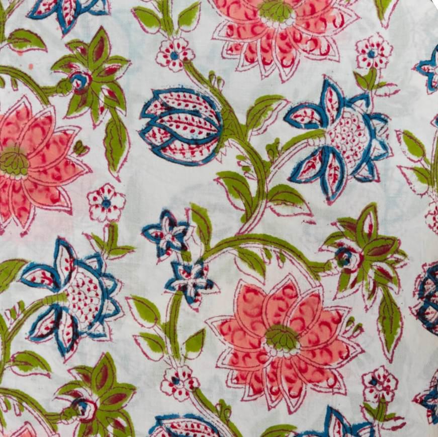 New Arrival Fabric Pink Blue Floral Block Print Cotton Fabric, Indian Hand Block Printed Fabric by the Yard, Boho Flower Pattern Fabric