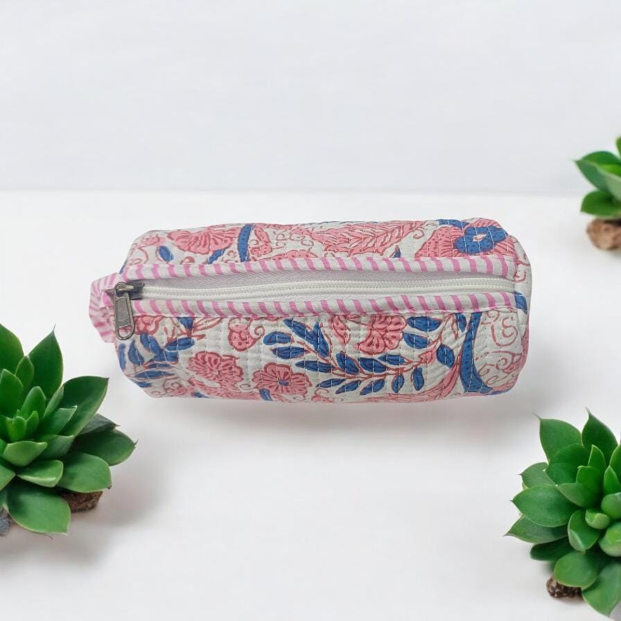 Quilted Floral Makeup Bag, Handmade Cotton Zip Pouch, Block Print Cosmetic Bag, Toiletry Pouch, Travel Makeup Organizer, Christmas Gifts