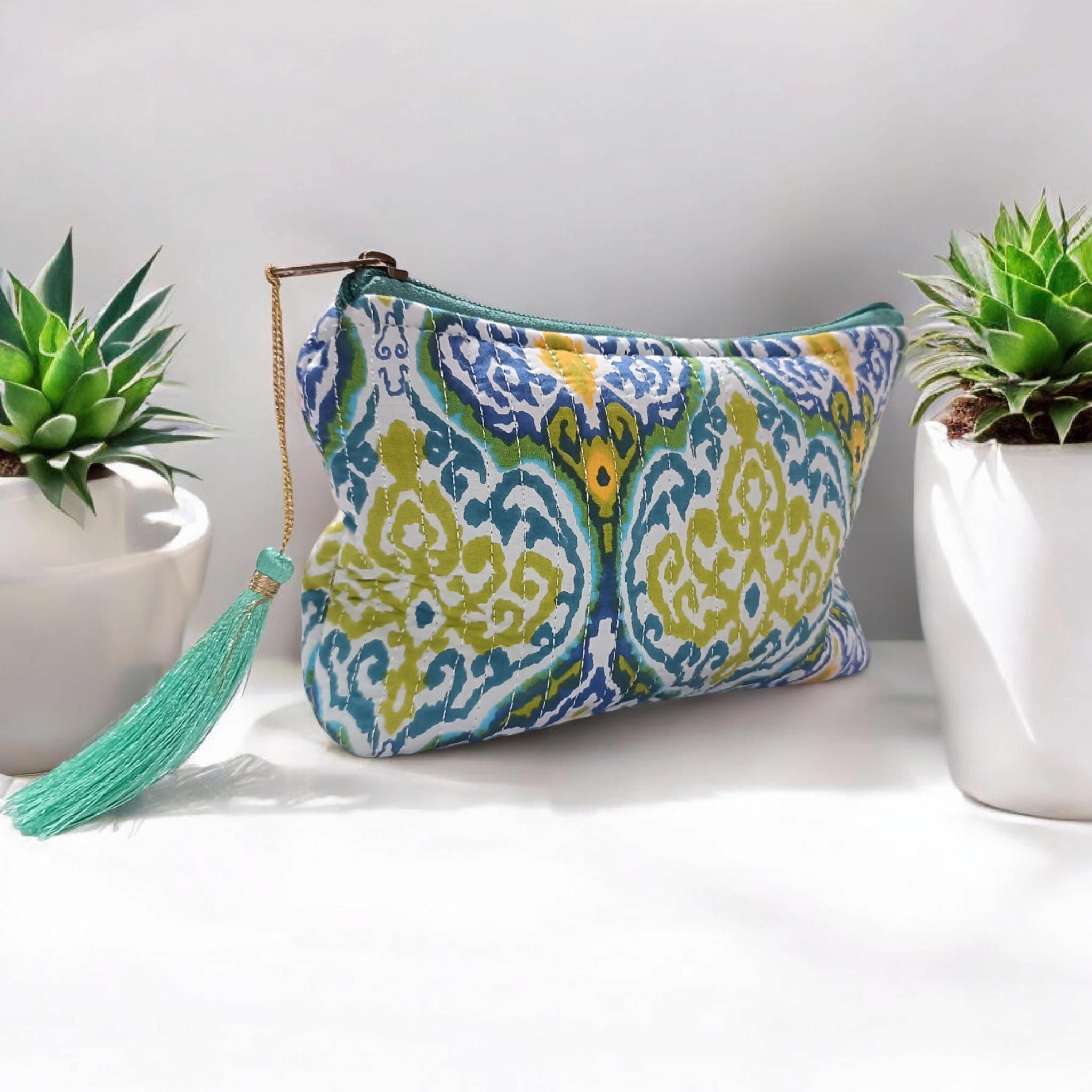 Handmade Floral Cotton Quilted Cosmetic Bag: Block Print Makeup Pouch