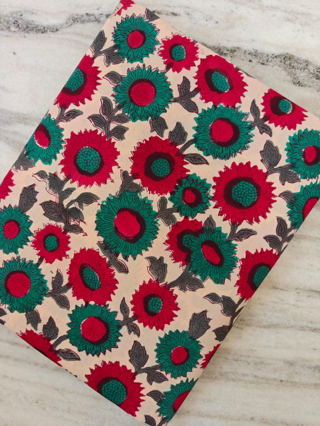Vintage Sunflower Floral Cotton Fabric by the Yard, Red and Teal Sunflower Print on Beige, Vintage Style Flower Fabric Quilting Sewing Craft