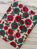 Vintage Sunflower Floral Cotton Fabric by the Yard, Red and Teal Sunflower Print on Beige, Vintage Style Flower Fabric Quilting Sewing Craft