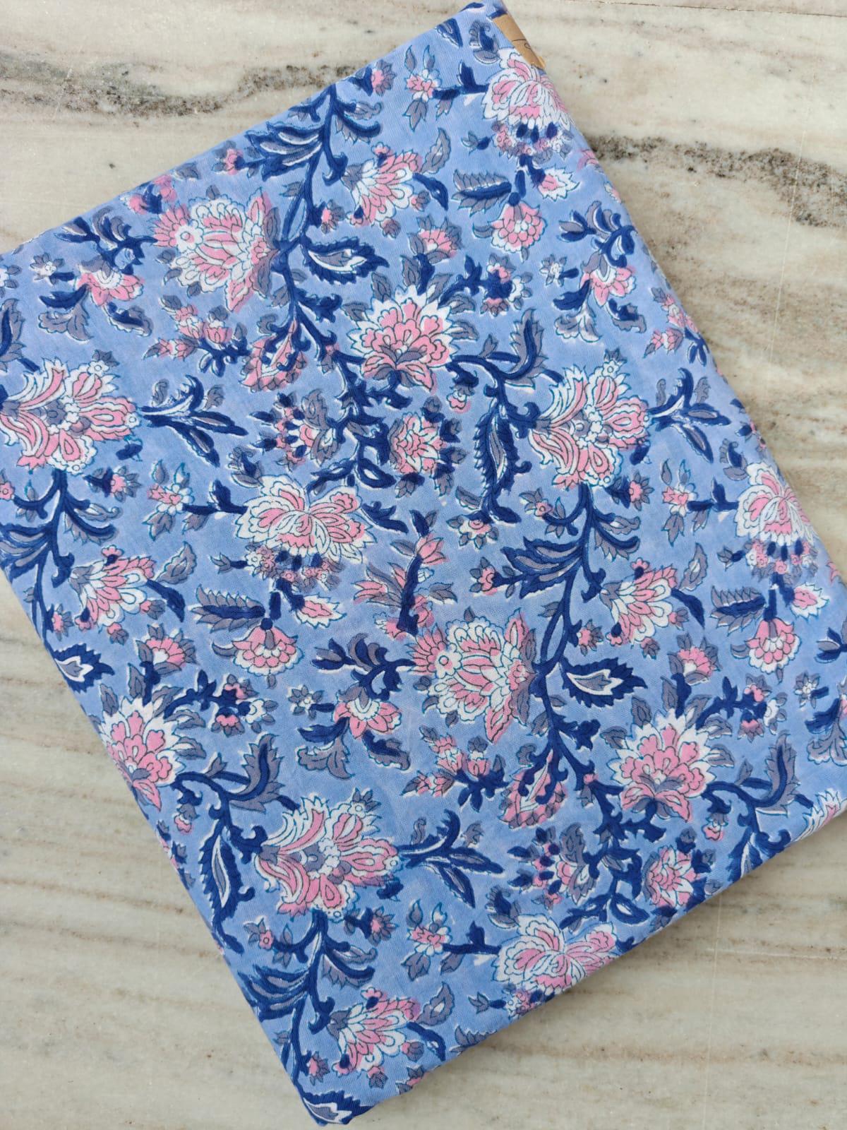 Blue Indian Hand Block Print Fabric, Soft Floral 100% Cotton Quilting Fabric By The Yard, Fabric For Dress Making, Loose Running Fabric