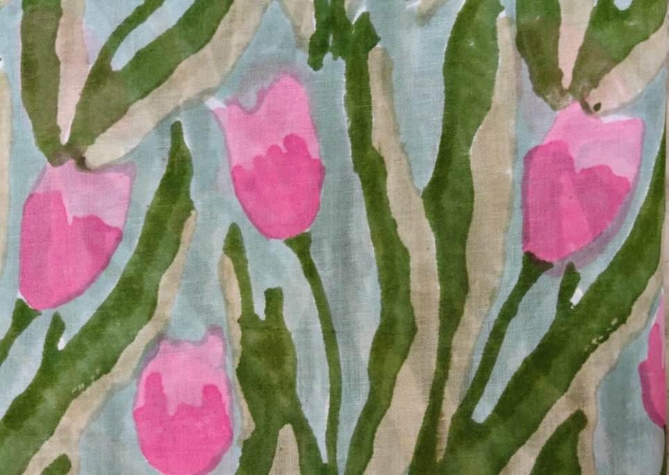 New Arrival Tulip Floral Cotton Fabric, Hand Block Print Fabric, Pink Green Botanical Fabric by Yard Indian Cotton Fabric Dressmaking Fabric