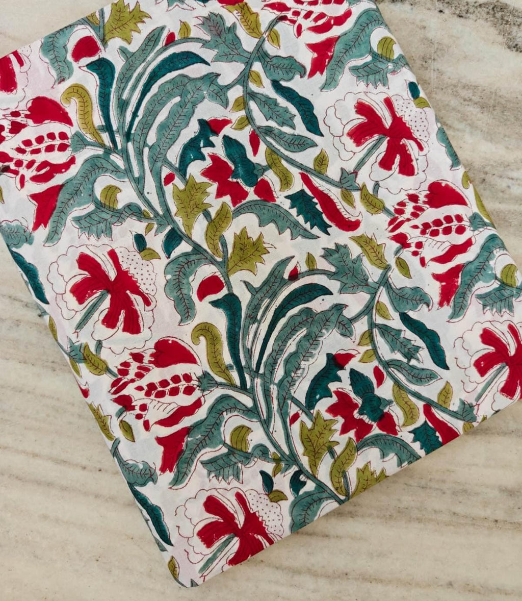 Hand Block Print Cotton Fabric, Red Floral Green Leaf Fabric, Indian Botanical Print Cotton, Soft Lightweight Sewing Fabric Dressmaking