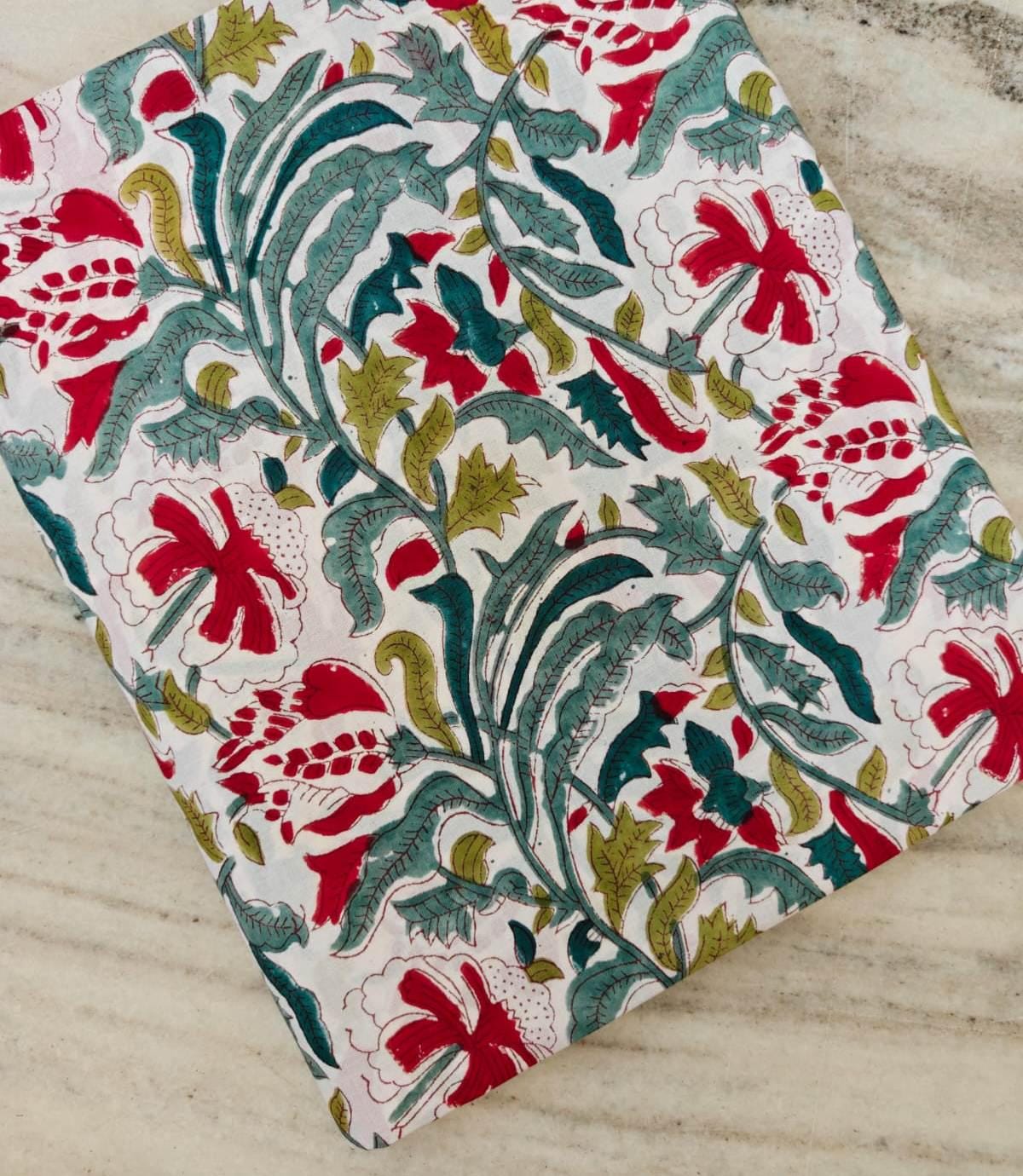 Hand Block Print Cotton Fabric, Red Floral Green Leaf Fabric, Indian Botanical Print Cotton, Soft Lightweight Sewing Fabric Dressmaking