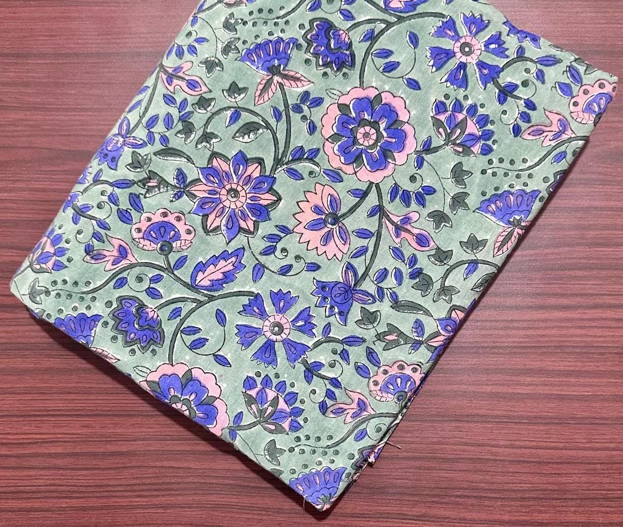 Green Floral Cotton Fabric by Yard, Blue Pink Flower Print Material, Soft Indian Block Print Cotton for Dress, Quilting, Craft Sewing Fabric
