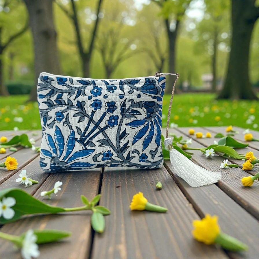 Mini Boxy Pouch with Blue Floral Embroidery Quilted Zipper Bag, Small Cosmetic Clutch, Handmade Fabric Purse, Travel Accessory, Gift for Her