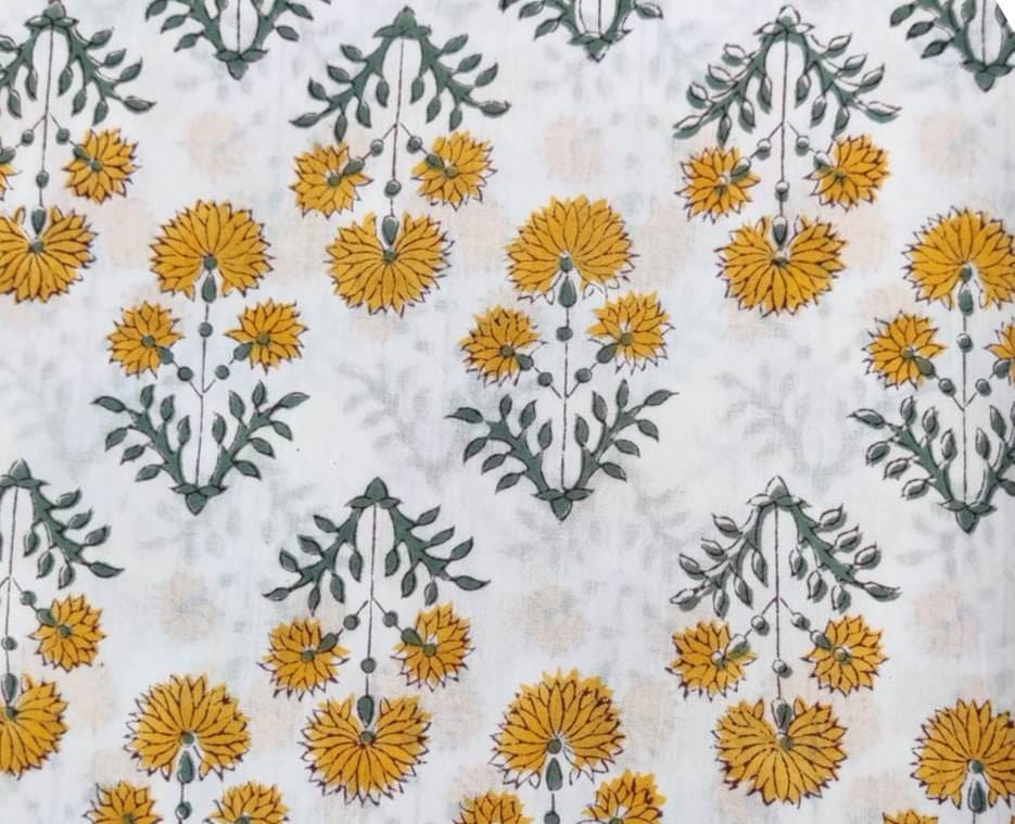 White Cotton Fabric with Yellow Floral Print, Hand Block Print Fabric by the Yard, Soft Indian Cotton for Quilting, Sewing, Dressmaking