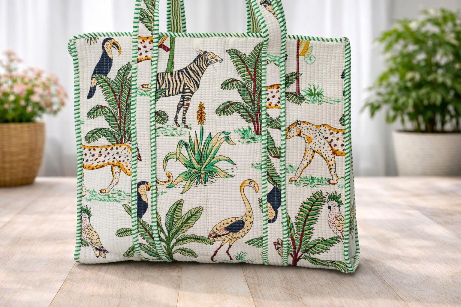 Jungle Print Quilted Tote Bag, Handmade Cotton Block Print Shoulder Bag, Large Fabric Shopper, Reusable Market Bag, Safari Animal Tote