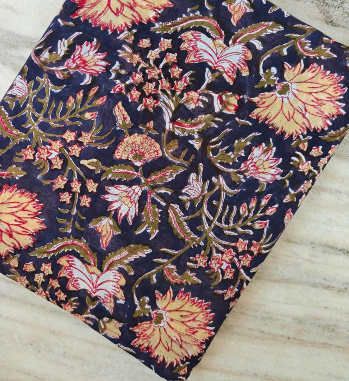 Soft Cotton Navy Blue Floral Fabric, Hand Block Print Indian Fabric, Boho Indigo Flower Textile, Quilting Sewing Cotton By The Yard, Napkins