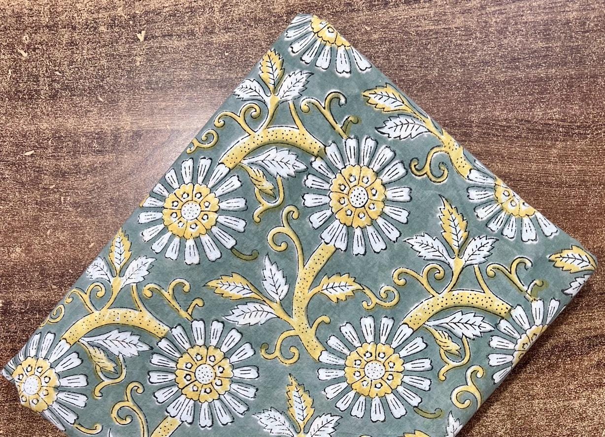 Grey Floral Block Print Cotton Fabric, Indian Hand Printed Fabric by Yard, Vintage Flower Pattern for Sewing Quilting, Handmade Fabrics