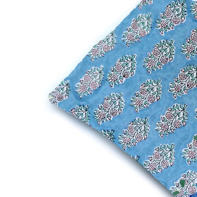 Hand Block Printed Cotton Cushion Cover, Blue Floral Pillow Cover, Decorative Throw Pillow, 16x16 Cushion Cover, Boho Home Decor Pillowcases