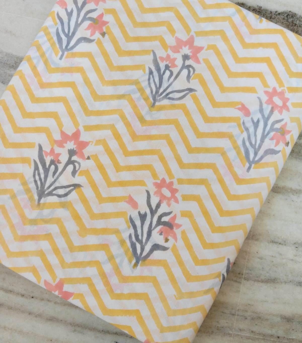 Yellow Chevron Floral Cotton Fabric | Indian Block Print Cotton Fabric | Mustard Zig Zag Fabric | Craft Fabric | Dressmaking Cotton Fabric