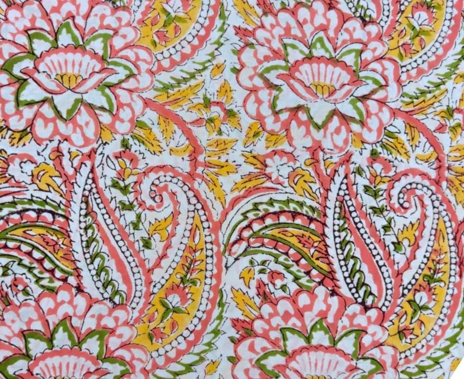 Indian Cotton Paisley Fabric, Floral Block Print Fabric, Handmade Cotton Fabric by Yard, Pink Yellow Floral Fabric, Craft Quilting Fabric