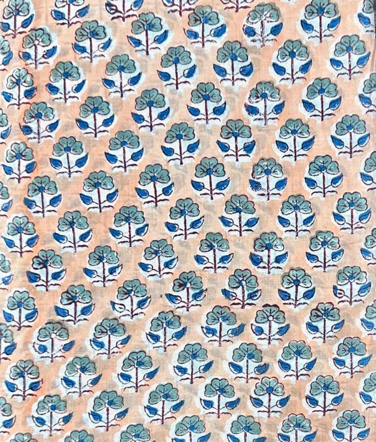 Beige Floral Hand Block Print Cotton Fabric, Indian Block Printed Cotton by Yard, Blue Flower Ethnic Fabric for Dressmaking, Quilting Crafts