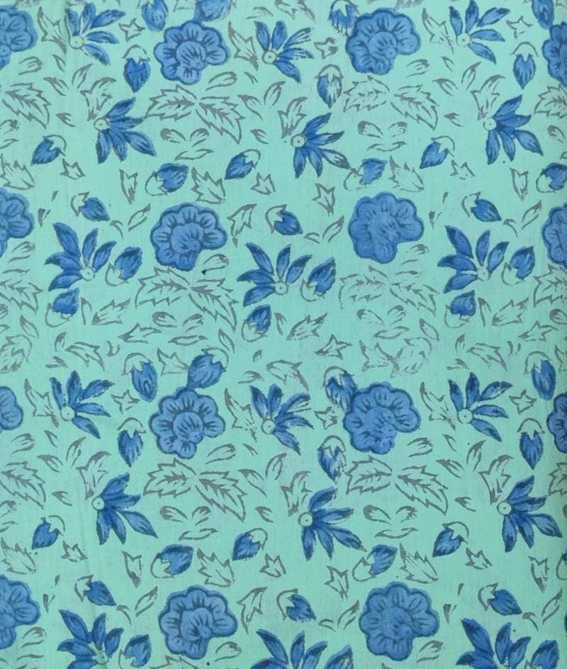Blue Floral Cotton Fabric by the Yard | Mint Green Hand Block Print Fabric | Indian Soft Cotton for Quilting, Sewing, Dressmaking & Crafts