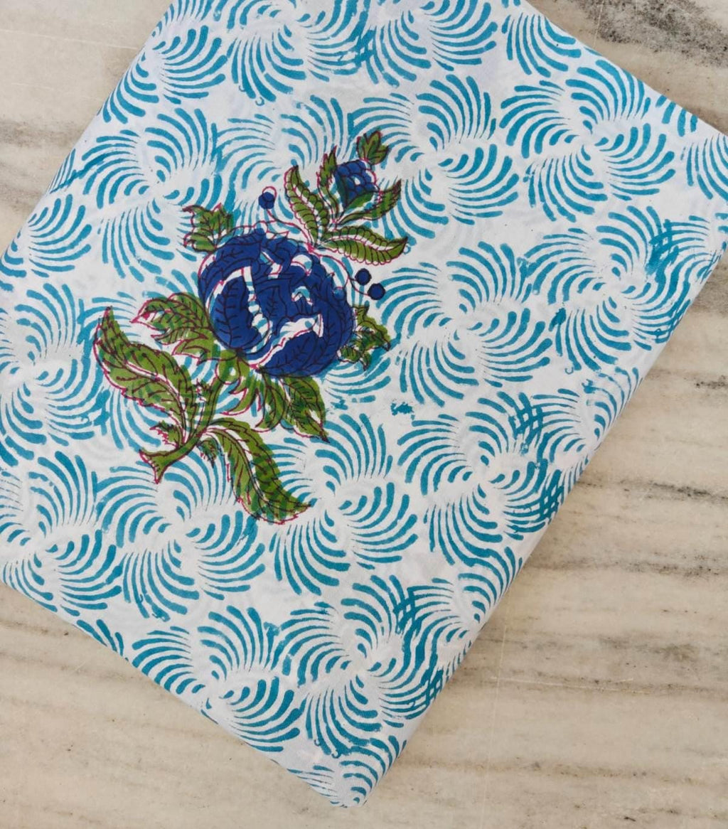 Hand Block Print Cotton Fabric, Blue Floral Indian Cotton, Turquoise Swirl Pattern Fabric, Soft Cotton Fabric by Yard Quilting Sewing Fabric